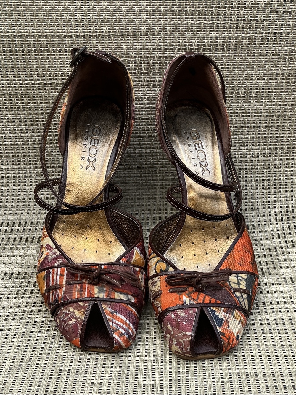 Geox Women's Brown and Orange Patterned Fabric Strappy Peep-Toe Heels